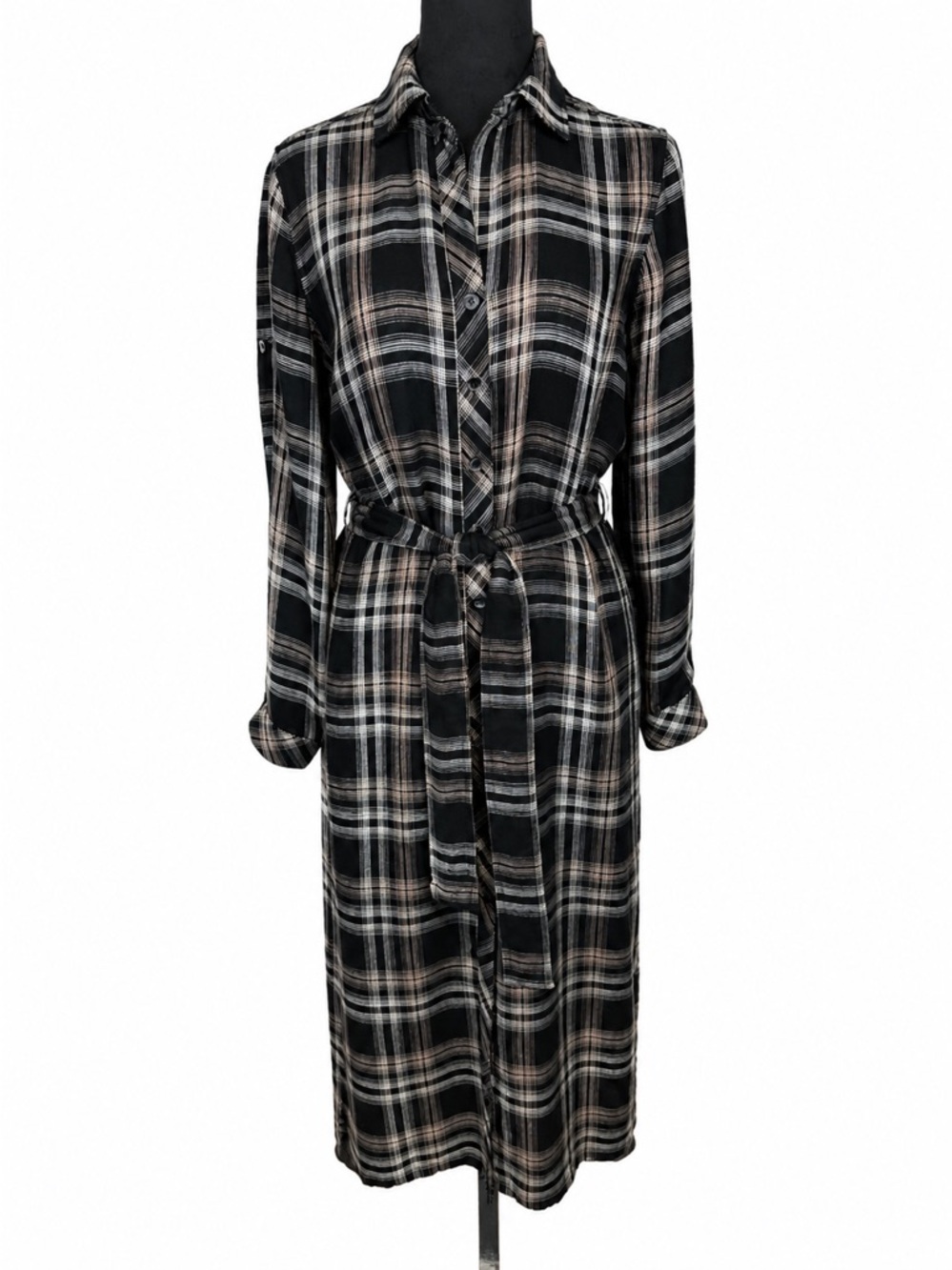 cloth & stone Black Plaid Flannel Shirt Dress Size XS Duster Midi length
